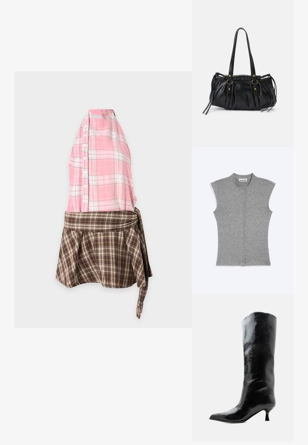 Sleeveless grey button-up top with a round collar and a label reading WEEKDAY at the neckline against a plain background.; Sleeveless dress with a pink plaid button-up top and a brown plaid skirt with a tied waist detail, displayed on a plain background.; Black shiny knee-high leather boot with pointed toe and low curved heel on a plain light background.; Black leather handbag with a rounded shape, dual handles, decorative hardware accents, and side tie details. Smooth, glossy texture.