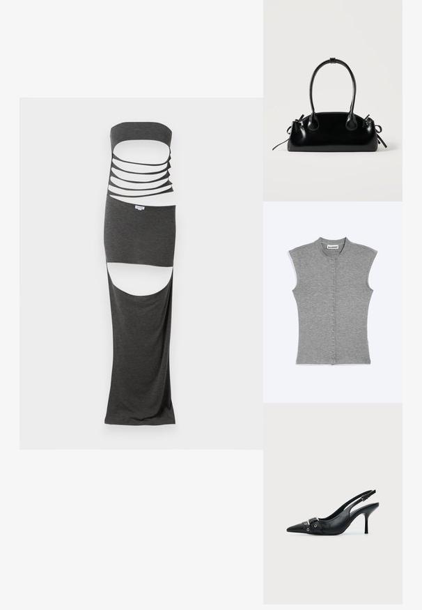 Sleeveless grey button-up top with a round collar and a label reading WEEKDAY at the neckline against a plain background.; Cut-out maxi dress in dark gray fabric featuring a strapless design with multiple horizontal cut-outs and side slits. Smooth texture.; Black leather pointed-toe slingback high heel shoe with a buckle and eyelet strap detail on the front.; Small black glossy handbag with two long handles and side drawstring details on a plain light background.