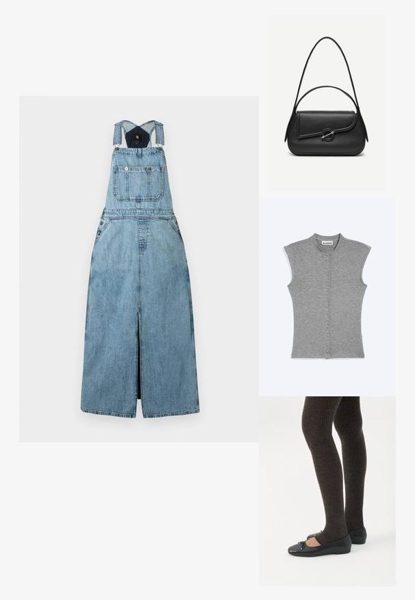 Mouwloze grijze top met knopen, een ronde kraag en een label met de tekst WEEKDAY bij de hals, tegen een effen achtergrond.; Lichtblauwe denim mouwloze jurk met voorzak, verstelbare bandjes en een split middenvoor.; Benen met donkere geribbelde leggings gecombineerd met zwarte ballerina's met kleine strikdetails op een witte achtergrond.; Zwarte leren handtas met afgeronde hoeken, asymmetrische klep, metalen ronde sluiting en zowel korte als lange schouderriemen.