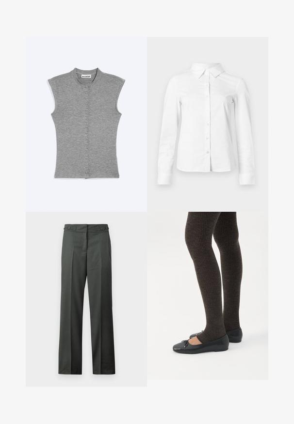 Haut gris sans manches à boutons avec un col rond et une étiquette WEEKDAY au niveau de l'encolure sur un fond uni.; Chemise blanche à manches longues avec boutons, col pointu, ourlet droit et silhouette ajustée, présentée sur un fond clair uni.; Pantalon droit gris foncé avec plis à l’avant et taille ajustable avec boutons latéraux sur fond blanc.; Jambes portant des leggings côtelés foncés associés à des ballerines noires avec de petits détails en nœud sur fond blanc.