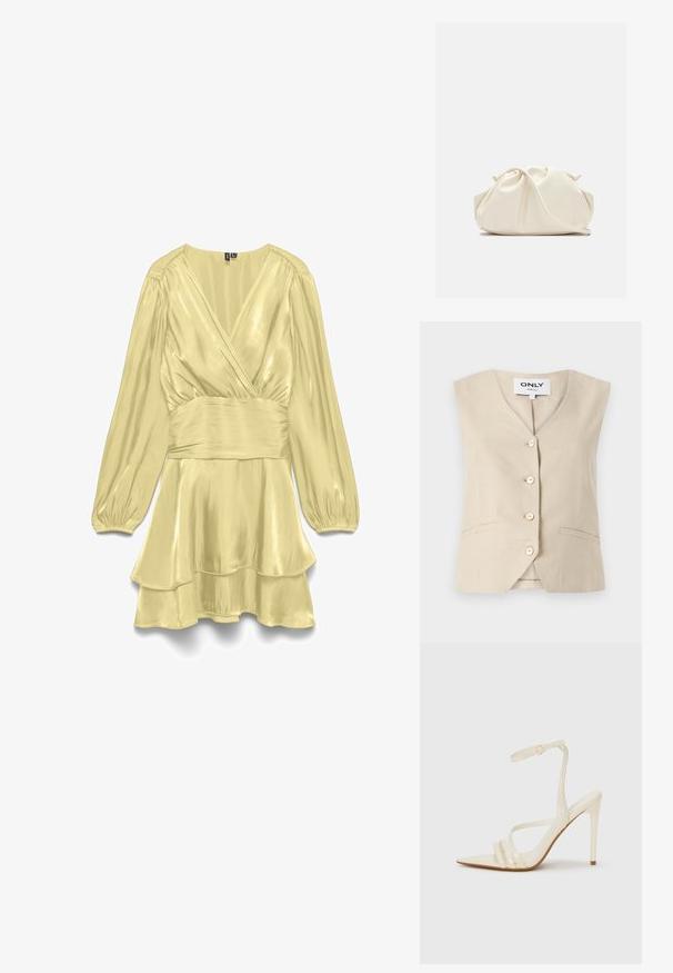 Beige vest med V-hals, fem knapper og sidelommer. Fremstillet af struktureret stof med en skræddersyet design.; Skinnende lysegul satin kjole med lange pufærmer, bredt taljebånd, slå-om top med V-hals og lagdelt flæsenederdel.; Beige sandaler med høje hæle og spids tå, med tre stropper foran og en tynd ankelrem med spænde. Glat tekstur, minimalistisk design.; Blød, cremefarvet læder clutch taske med samlet, rynket design og en tynd skulderrem, der hviler foran på en ensfarvet baggrund.