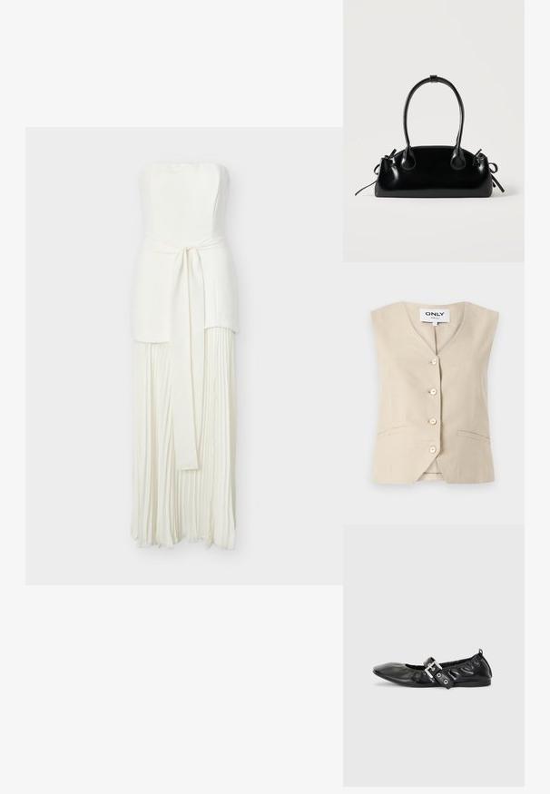 Beige vest med V-hals, fem knapper og sidelommer. Fremstillet af struktureret stof med en skræddersyet design.; Stropfri hvid kjole med tætsiddende korset, bindebånd i taljen og lang plisseret nederdel, der går ned til gulvet.; Sorte læder flade sko med spids tå, samling detaljer omkring åbningen, og en sølv spænde accent på den justerbare rem.; Lille sort blank håndtaske med to lange håndtag og snøre-detaljer i siden på en ensfarvet lys baggrund.