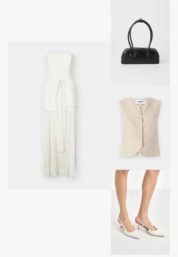Chaleco beige con escote en V, cinco botones y bolsillos laterales. Está hecho de una tela texturizada y presenta un diseño entallado.; Vestido blanco sin tirantes con corsé ajustado, lazo en la cintura y falda larga plisada hasta el suelo.; Tacones slingback de charol beige con punta afilada y un tacón de 5 cm, con lados recortados y una delgada correa en el tobillo.; Bolso de mano de cuero negro con dos asas alargadas, cierre de cremallera y forma redondeada; textura suave con un acabado ligeramente brillante.