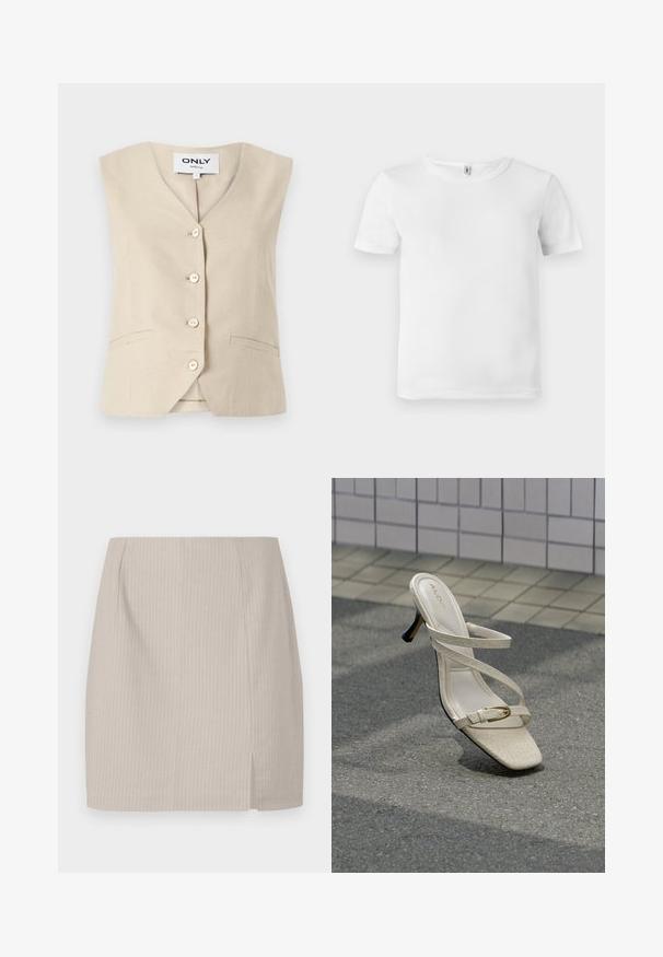 Beige vest met een V-hals, vijf knopen en zijzakken. Gemaakt van geweven stof, met een getailleerd ontwerp.; Witte t-shirt met korte mouwen en een geribde textuur. Klassieke ronde hals, geen zichtbare logo's of patronen, en een eenvoudig, strak ontwerp.; Beige kokerrok met een gestreepte textuur, een rechte snit en een zijsplit voor extra beweeglijkheid. Gemaakt van lichte stof.; Beige hoge hak sandaal met dunne bandjes en een kleine gouden gesp, getoond op een gestructureerd straatoppervlak tegen een betegelde muur.