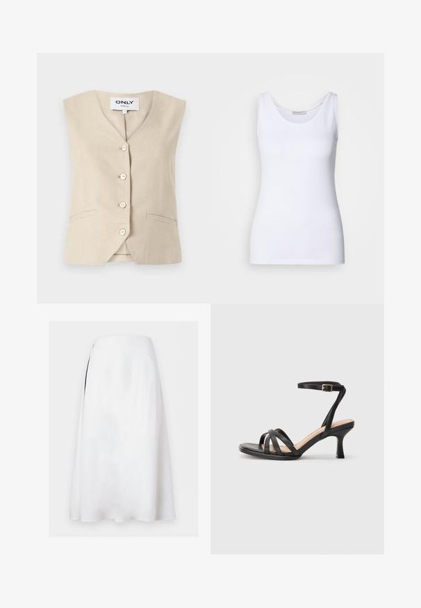 Beige vest met een V-hals, vijf knopen en zijzakken. Gemaakt van geweven stof, met een getailleerd ontwerp.; Witte top met een gladde, rekbare stof. Beschikt over een ronde halslijn en brede schouderbanden. De zoom zit net onder de taille. Geen patronen of accenten.; Witte A-lijn midi-rok met een hoge taille en subtiele zijsplit op een effen achtergrond.; Zwarte sandalen met hakken, voorzien van meerdere dunne banden over de tenen, een enkele enkelband met een gouden gesp en een vierkante neus.