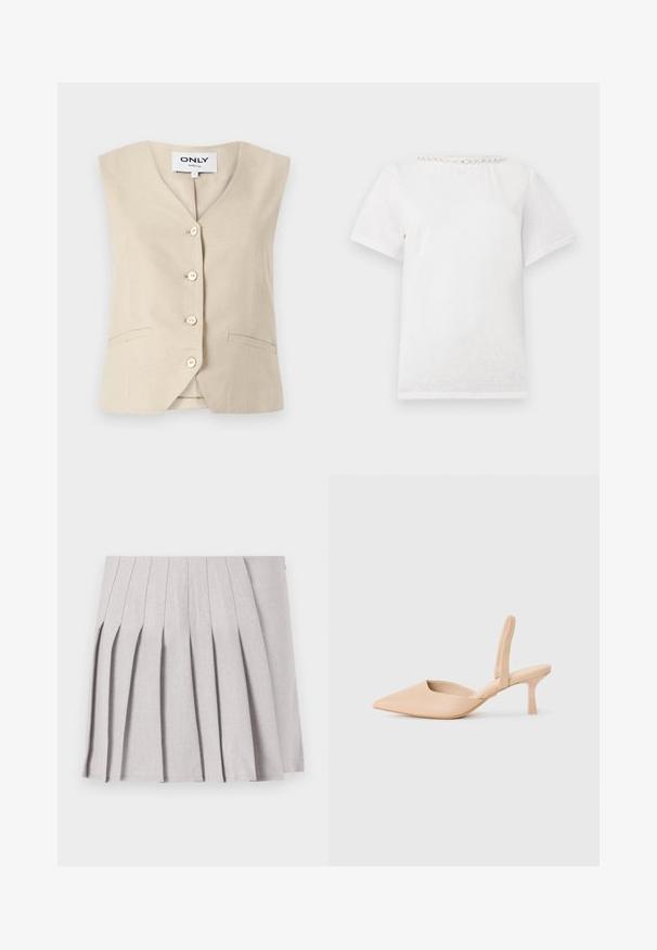 Beige vest met een V-hals, vijf knopen en zijzakken. Gemaakt van geweven stof, met een getailleerd ontwerp.; Witte T-shirt met korte mouwen en een ronde halslijn, voorzien van een rij decoratieve parels langs de kraag.; Grijze geplooide rok met een soepele textuur, voorzien van meerdere verticale plooien en een aansluitende taille. Gemaakt van lichte stof.; Beige puntschoen met hak en open zijkanten. Gemaakt van glad synthetisch materiaal en een minimalistisch ontwerp.
