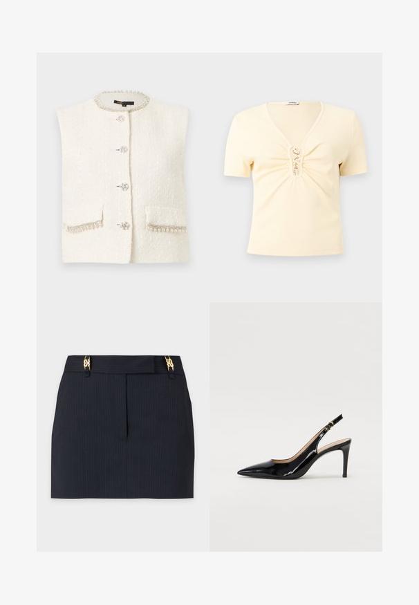 Veste sans manches en tweed blanc avec bordure de perles et de strass sur le col et les poches, ornée de boutons bijoux sur le devant.; Haut crème en maille côtelée à manches courtes avec col en V et fermetures à crochets dorés sur un détail froncé à l'avant.; Mini-jupe noire à fines rayures avec couture avant et clips décoratifs dorés à la taille sur fond blanc.; Pompe slingback en cuir verni noir avec un bout pointu, un talon fin et un design de découpes subtil. Elle dispose d'une boucle dorée sur la sangle.