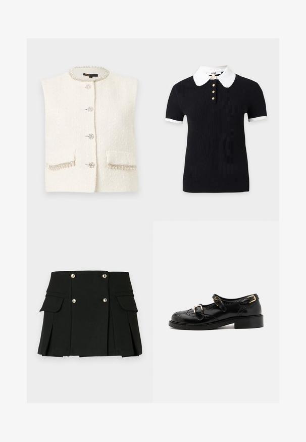 Veste sans manches en tweed blanc avec bordure de perles et de strass sur le col et les poches, ornée de boutons bijoux sur le devant.; Haut noir côtelé à manches courtes avec col et poignets festonnés blancs, orné de quatre boutons dorés sur le devant de l'encolure.; Jupe mini plissée noire en tissu texturé, dotée de deux poches avant et de accents de boutons en ton doré.; Chaussures en cuir noir avec détails de brogue, dotées de deux sangles à boucle, d'un bout arrondi et d'un talon bas. Texture lisse avec finition brillante.