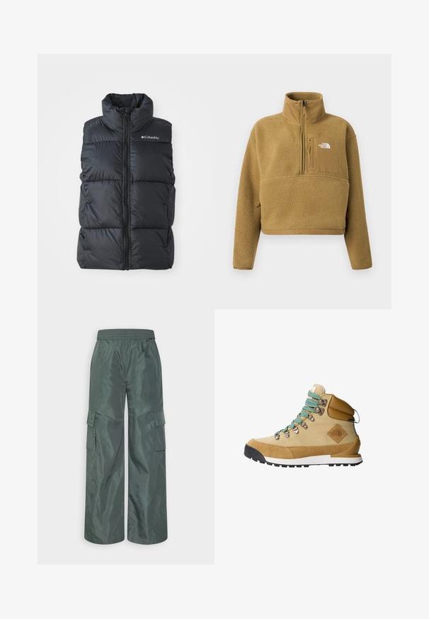 Sort puffer vest med høj krave, frontlynlås og sidelommer. Tekstureret, quiltet design med Columbia-logo på skulderen.; Tan fleece pullover med halv lynlås i kraven, frontlomme og elastisk kant; har en blød, struktureret overflade og en hvid logoaccent.; Even&Odd by Zalando Cargobukser - dark green; Tan vandrestøvle med overdel i ruskind og kanvas, turkise snørebånd, polstret krave og sort gummisål med et struktureret grebmønster.