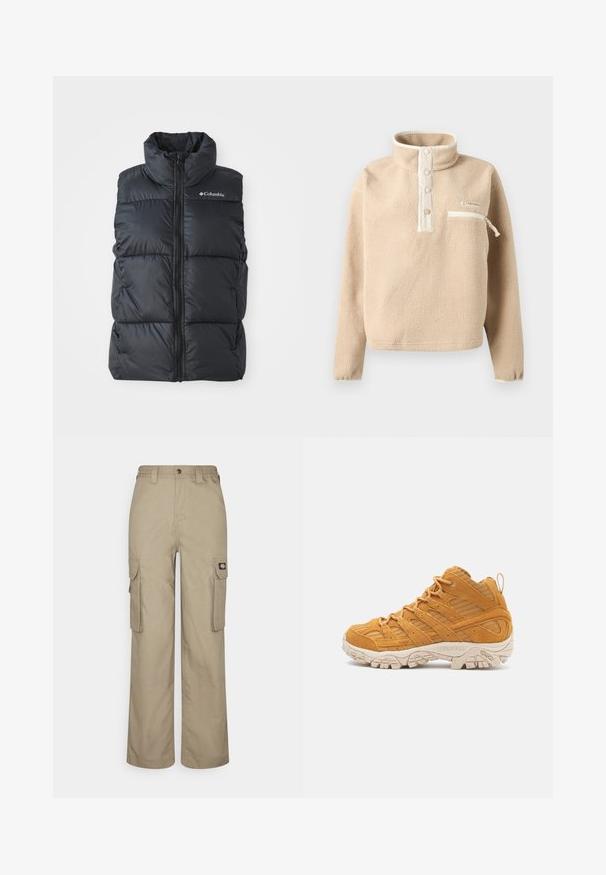 Sort puffer vest med høj krave, frontlynlås og sidelommer. Tekstureret, quiltet design med Columbia-logo på skulderen.; Beige fleecepullover med ståkrave, tre trykknapper og lynlåslomme på brystet med hvid kant.; Beige cargo bukser lavet af slidstærkt stof, med en afslappet pasform, flere sidelommer og et elastisk liv med knaplukning.; Høje vandresko i sennepsgul ruskind, med strukturerede overlays, en forstærket tåhætte og en cremet gummisål.