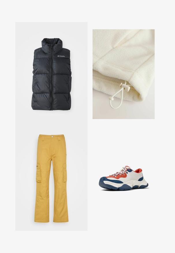 Zwart puffervest met hoge kraag, rits aan de voorkant en zijzakken. Gelaagd, gestikt ontwerp met Columbia-logo op de schouder.; Fleece kledingstuk in off-white met een zachte textuur, voorzien van een touwtje met schuifknop voor verstelbaarheid aan de zoom.; Cargobroek in een rijke mosterdgeel kleur, gemaakt van stevig materiaal. Bevat twee grote zijzakken en heeft een recht gesneden ontwerp.; Witte leren sneaker met blauwe en oranje accenten, textuur-suèdepanelen en patronen in de veters. Voorzien van een chunky rubberen zool voor ondersteuning.