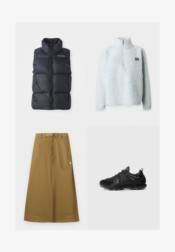 Zwart puffervest met hoge kraag, rits aan de voorkant en zijzakken. Gelaagd, gestikt ontwerp met Columbia-logo op de schouder.; Lichtblauwe sherpa fleece trui met lange mouwen, halve rits aan de voorkant, hoge kraag en klein rechthoekig Rip Curl-logo op de borst.; Lange, beige buitenrok met voorzakken, geïntegreerde riem en het The North Face-logo aan de rechterkant.; Zwarte trailrunning-schoen met een robuuste zool, bovenwerk van mesh en synthetisch materiaal, vetersluiting en een trekband op een witte achtergrond.