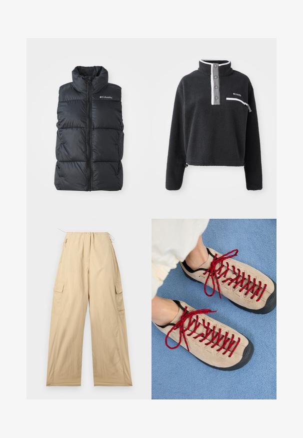 Sort puffer vest med høj krave, frontlynlås og sidelommer. Tekstureret, quiltet design med Columbia-logo på skulderen.; Sort fleece pullover med halv lynlås krave, der har en brystlomme og kontrasterende hvide og grå detaljer. Blød tekstur, cropped design.; Beige cargo bukser med relaxed fit, der har en snor i taljen, to sidelommer og et glat, let materiale.; Beige sko med røde snørebånd, placeret på en blå tekstureret overflade, delvist synliggørende en persons ankel. Skoene har et sporty design.