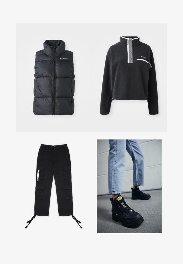 Chaleco de plumas negro con cuello alto, cremallera frontal y bolsillos laterales. Diseño texturizado y acolchado con el logo de Columbia en el hombro.; Sudadera de forro polar negra con cuello de media cremallera, que presenta un bolsillo en el pecho y acentos en blanco y gris contrastantes. Textura suave, diseño recortado.; Pegador TANAMI WIDE PANTS - Pantalones cargo - black; Zapatillas altas negras con suela gruesa, con diseño de cordones, acentos de logo y etiquetas amarillas. Combinadas con unos vaqueros cortos de color azul claro.