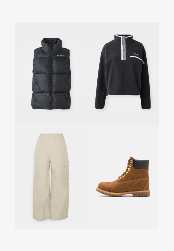 Sort puffer vest med høj krave, frontlynlås og sidelommer. Tekstureret, quiltet design med Columbia-logo på skulderen.; Sort fleece pullover med halv lynlås krave, der har en brystlomme og kontrasterende hvide og grå detaljer. Blød tekstur, cropped design.; Beige cargo bukser lavet af let materiale, med elastisk bæltelinje, brede ben og sidelommer til opbevaring.; Brun ruskinds ankelstøvle med sort polstret krave, gyldne øjer, snørebånd foran og gummisål med et struktureret mønster.