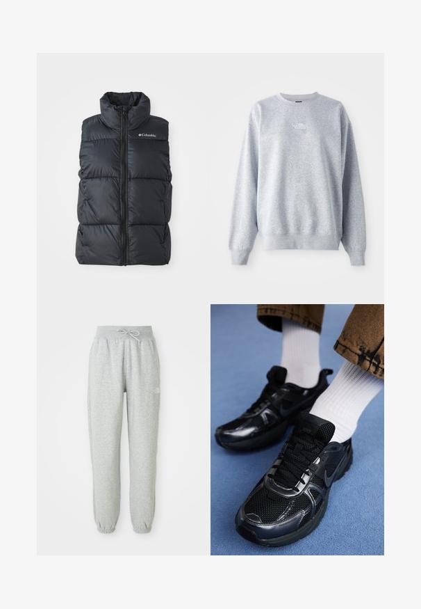 Sort puffer vest med høj krave, frontlynlås og sidelommer. Tekstureret, quiltet design med Columbia-logo på skulderen.; Grå sweatshirt med lange ærmer, rund halsudskæring, ribbede manchetter og kant. Har et lille hvidt logo på brystet. Materialet er en blanding af bomuld.; Grå sweatpants med elastisk talje og snøre. Stoffet er blødt, og de har elastiske manchetter ved anklerne samt et logoaccent.; Sorte Nike-sneakers med mesh og syntetisk materiale, der har en struktureret overdel, sorte snørebånd og holdbare gummisåler. Hvide ribstrikkede sokker er synlige.