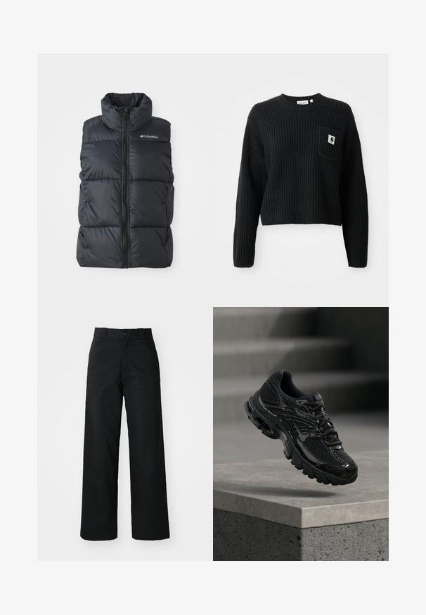 Sort puffer vest med høj krave, frontlynlås og sidelommer. Tekstureret, quiltet design med Columbia-logo på skulderen.; Sort ribbenstrikket sweater med rund hals, lange ærmer og en frontlomme med et lille logo patch. Forkortet længde.; Sorte vide bukser med flad front, knaplukning og bæltestropper. Fremstillet af holdbart stof med en glat tekstur.; Sort Nike løbesko med mesh og syntetisk overdel, der svæver over en betonoverflade og trin i baggrunden.