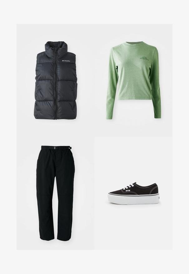 Sort puffer vest med høj krave, frontlynlås og sidelommer. Tekstureret, quiltet design med Columbia-logo på skulderen.; Lys grøn langærmet t-shirt lavet af blødt bomuld, med en rund halsudskæring og et lille trykt logo på øverste venstre side.; Sorte letvægtsbukser med elastisk talje og justerbart bælte. Har tapered ben og forstærkede knæpaneler for holdbarhed.; Sort lærred sneakers med en hvid gummi platform sål, der har hvide snørebånd og syninger, ikonisk branding på siden, lav-top design.