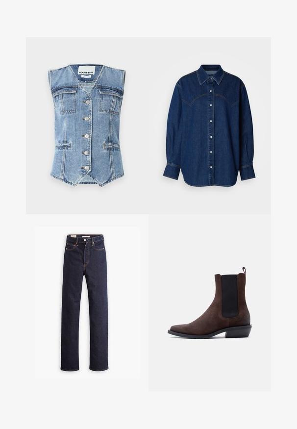 Vaate denimliivi vaaleansinisessä, jossa on hihaton muotoilu, terävä helma, neljä taskua ja hopeiset napit edessä. Karkea kangasviimeistely.; Tummansininen denim-paita, jossa on napitettava etuosa, klassinen kaulus, pitkät hihat ja erottuva ommel yoke-alueella.; Tummansiniset suorat farkut viidellä taskulla ja näkyvällä oranssilla ompelulla valkoista taustaa vasten.; Ruskea mokkanahkainen Chelsea-saapas, jossa musta joustava sivupaneeli, vetosilmukka takana, matala korko ja terävä kärki valkoisella taustalla.