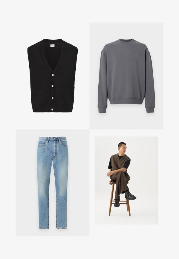 Zwarte gebreide mouwloze cardigan met V-hals, vijf witte knopen aan de voorkant en twee zakken aan de voorkant.; Grijze sweatshirt van zacht materiaal, met een ronde hals, verlaagde schouders, geribbelde manchetten en een klein logo op de borst.; Lichtblauwe spijkerbroek met een klassiek vijfzakkenontwerp, knoopsluiting en vervaagde wassing op de voorkant van de dijen en knieën.; Bruin gebreid vest over een zwart t-shirt, gecombineerd met bruine wijde broek en zwarte chunky schoenen, zittend op een houten kruk.