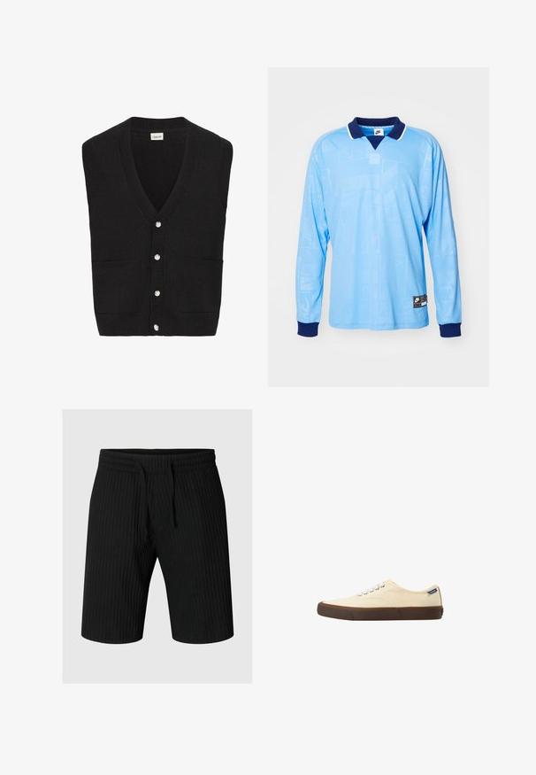 Sort strikket ærmeløs cardigan med V-udskæring, fem hvide knapper foran og to forlommer.; Lyseblå langærmet polo trøje med marineblå krave og manchetter, med et diskret all-over mønster og Nike-logo på den nederste kant.; Sort rippet knælange shorts med elastisk talje og snøre, vist mod en lysegrå baggrund.; Lavtopet cremefarvet lærredssneaker med hvide snørebånd og brun gummisål, set fra siden mod en hvid baggrund.