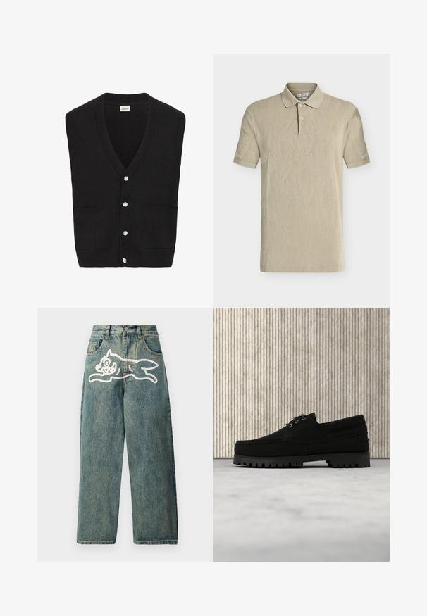 Sort strikket ærmeløs cardigan med V-udskæring, fem hvide knapper foran og to forlommer.; Beige kortærmet poloshirt med bladmønstertekstur, to-knaps stolpelukning og ribstrikkede manchetter på ærmerne.; Lyseblå denimjeans med en løs pasform, der har et stort hvidt kattegrafik på venstre ben og et traditionelt femlomme-design.; Sort snørestøvle med tyk rilled sål, der svæver over beige tæppe, brun moderne rundt bord i blødt oplyst rum i baggrunden.