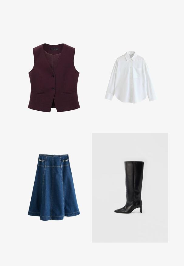 Burgundy räätälöity liivi, jossa on V-päällä, kaksi etutaskua ja kolme mustaa nappia. Sileä kangas, jossa on tiheä tekstuuri.; Valkoinen pitkähiha button-up-paita, jossa terävä kaulus, yksi rintatasku ja leveät kalvosimet, esitetty yksinkertaisella valkoisella taustalla.; Tummansininen A-linjainen farkkuhame, jossa pystysuuntaiset ompelusaumat ja kaksi pientä metallista solkikuviointia vyötäröllä.; Musta polveen ulottuva saappaat, jotka on valmistettu sileästä nahasta, niukalla kärjellä ja hoikalla korolla, kapealla varrella ja minimalistisella designilla.