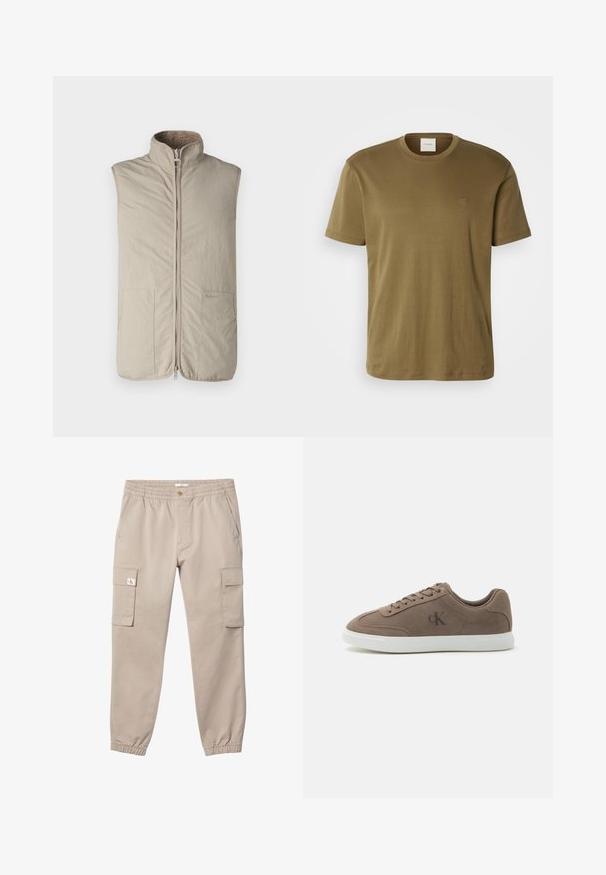 Beige mouwloos vest met hoge kraag, voorrits en twee zijzakken. Heeft een zachte, gestructureerde binnenvoering. Logo aan de zijkant.; Olijfgroene katoenen T-shirt met een ronde hals, korte mouwen en een klein geborduurd logo op de borst. Vedere textuur en een ontspannen pasvorm.; Beige cargobroek met elastische tailleband en boorden, knoopsluiting, zijzakken en klepzakken op beide dijen. Klein logo op de klep van de linkerzak.; Taupe suède lage sneaker met beige veters, witte rubberen zool en subtiel "cK" logo aan de zijkant.