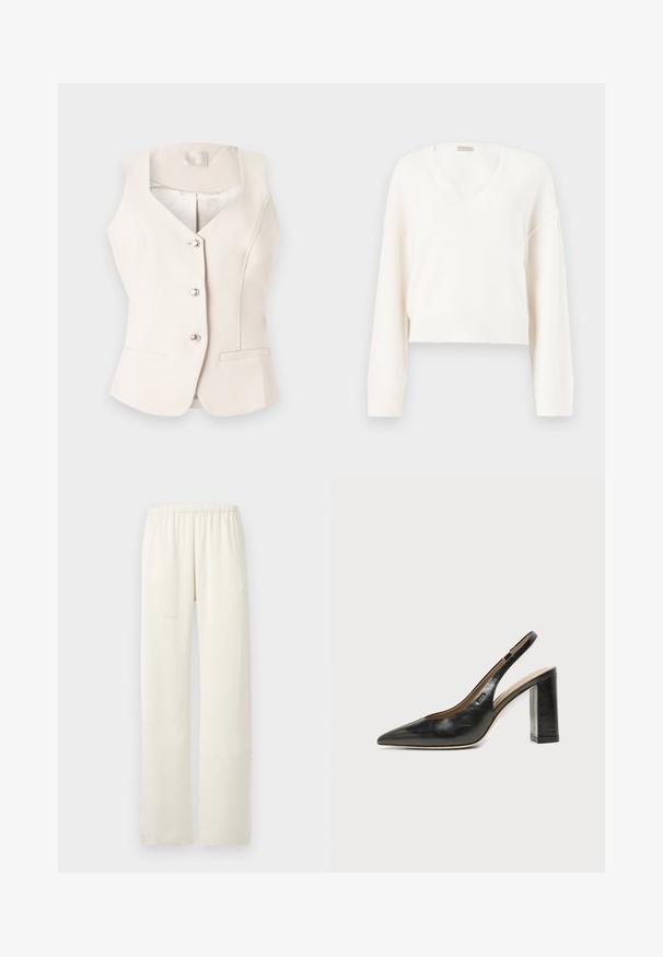 Gilet tailleur sans manches de couleur crème avec col en V, trois boutons argentés et deux poches passepoilées à l'avant, sur fond clair.; Pull court en tricot blanc avec manches longues et col en V, présenté sur un fond neutre.; Pantalon droit de couleur crème avec une ceinture élastique, sans poches visibles ni ornements.; Chaussure slingback en cuir noir à bout pointu avec un talon bloc haut et une doublure intérieure beige sur un fond clair uni.