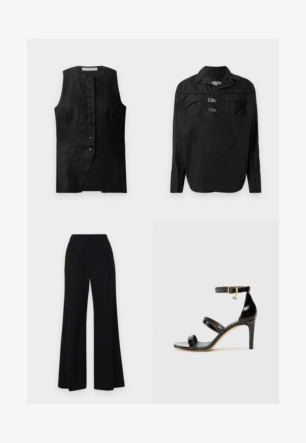 Sort ærmeløs vest med lige skæring, der har knaplukning foran og en subtil struktur. Stoffet ser let og glat ud.; Sort button-up skjorte med en struktureret front, der har overlay-detaljer, to brystlommer og krave. Lavet af et glat stof med en mat overflade.; Sorte brede bukser med høj talje, glat stof og rene linjer. Ingen synlig hardware eller mønstre.; Sorte patenterede lædersandaler med tre stropper, ankelspænde og 10 cm stiletthæl. Har detaljer i guld og et logo charms.