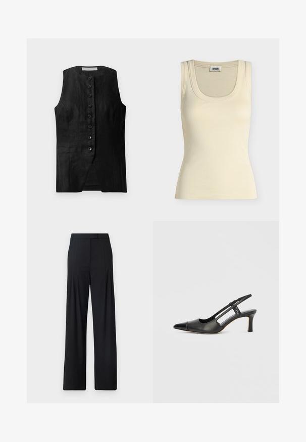 Gilet noir sans manches avec une coupe droite, présentant un devant boutonné et une texture subtile. Le tissu semble léger et lisse.; Débardeur côtelé sans manches couleur crème avec encolure ronde et étiquette de marque « Drykorn » visible à l'intérieur du col.; Pantalons larges noirs avec un devant plat, des plis et une taille ajustée. Fabriqués en tissu lisse et léger.; Chaussure à bride arrière en cuir noir avec bout pointu, dotée d'un accent brillant sur le bout et d'un talon de hauteur moyenne. Design latéral ouvert.