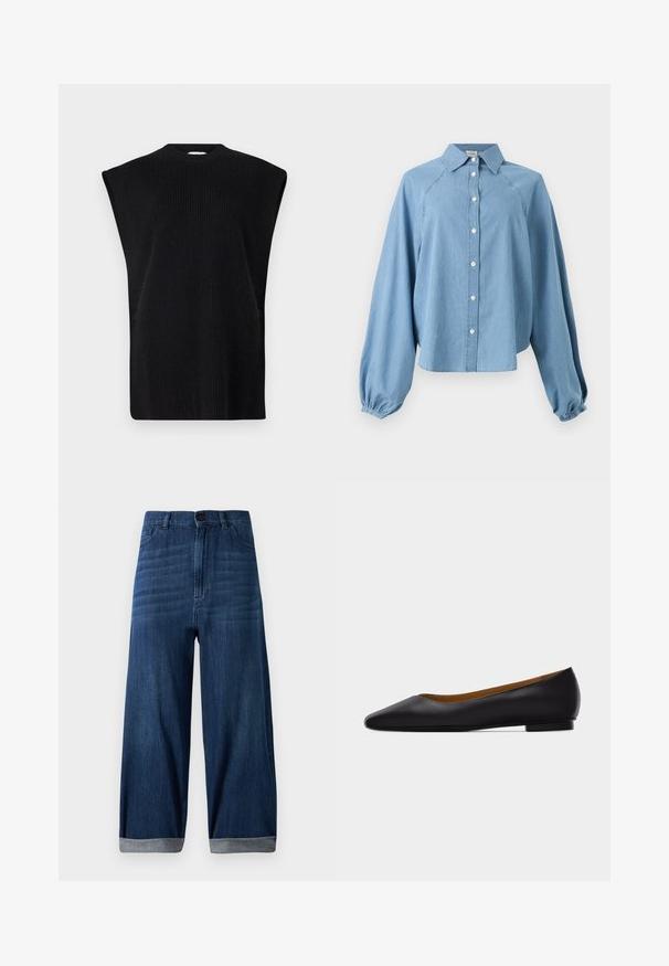Zwarte gebreide mouwloze top met een hoge halslijn, voorzien van een geribbelde textuur en zijsplitten voor gemakkelijke bewegingsvrijheid.; Lichtblauw denimblouse met lange opgeblazen mouwen, knoopsluiting aan de voorkant en puntige kraag op een witte achtergrond.; Donkerblauwe wijde denim jeans met opgerolde onderranden, voor knoop en zakken tegen een effen lichte achtergrond.; Zwarte leren puntschoen met lage hak en gladde afwerking, zijaanzicht op een lichtgrijze achtergrond.
