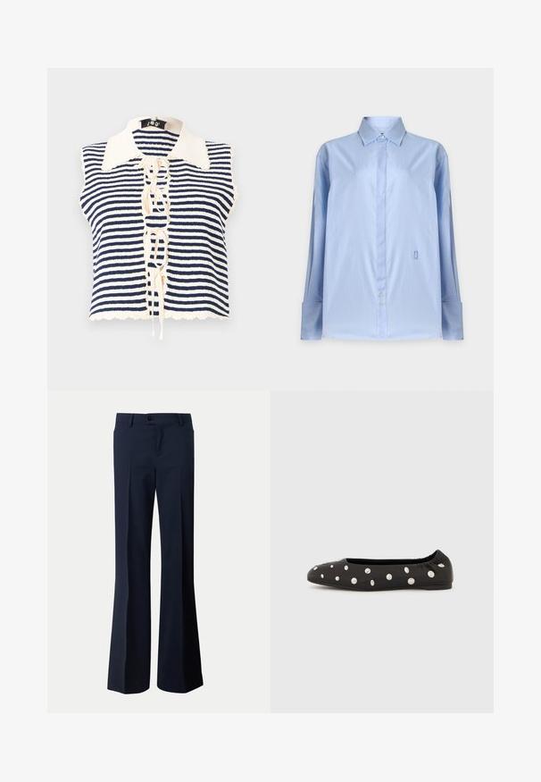 Haut sans manches rayé bleu marine et crème avec un devant boutonné, featuring un col festonné et un détail lacé au centre.; Chemise bleu clair à manches longues avec boutons, col pointu et larges poignets, présentée de face sur un fond uni.; Pantalon de costume bleu marine avec fermeture par bouton, passants de ceinture et coupe droite à jambes larges.; Chaussure ballerine noire à bride élastique à l'arrière, ornée de gros clous ronds argentés dispersés sur le dessus, vue de profil sur fond blanc.