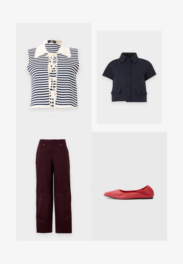 Marinblå og creme-stribet ærmeløs top med knaplukning fortil, der har en scalloped krave og snøredetalje i midten.; Kortærmet cropped navy jakke med spids krave, frontknaplukning og to klaplommer med knapper.; Bordeaux bukser med en afslappet pasform, der har en glat tekstur, to forlommer og to dekorative knapper i taljen.; Filippa K REY FLATS - Ballerinasko - bright red