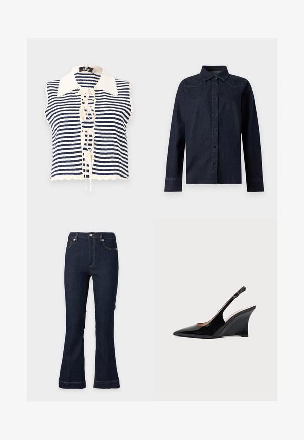 Haut sans manches rayé bleu marine et crème avec un devant boutonné, featuring un col festonné et un détail lacé au centre.; Chemise en denim bleu foncé à manches longues, boutonnée sur le devant, col pointu, avec des détails de couture simples aux épaules et aux poignets.; Jean en denim bleu foncé avec une légère évasement, poches avant, fermeture par bouton et zip, et surpiqûres contrastantes.; Chaussure compensée à bride arrière en cuir verni noir avec bout pointu et boucle réglable à la cheville sur fond blanc.