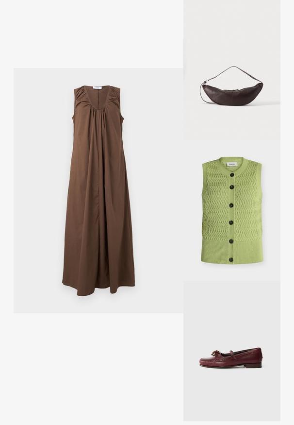 Gilet sans manches vert clair en tricot avec motif en zigzag, ourlet côtelé, encolure ronde et six boutons foncés sur le devant.; Robe longue marron sans manches avec encolure drapée et tissu ample et fluide.; Mocs en cuir bordeaux avec un bout arrondi, détail de nœud décoratif et couture discrète, montés sur un petit talon plat.; Sac d'épaule en cuir marron foncé en forme de croissant avec une lanière courbée et des coutures visibles sur fond uni.