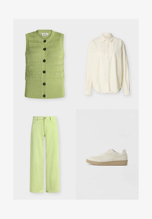 Gilet sans manches vert clair en tricot avec motif en zigzag, ourlet côtelé, encolure ronde et six boutons foncés sur le devant.; Chemise à manches longues avec boutons, à fines rayures verticales noires sur fond crème, dotée d'un col classique et de poignets boutonnés.; Pantalon ample vert clair avec poches avant, passants de ceinture, fermeture par bouton et braguette zippée sur un fond gris uni.; Baskets en daim beige avec un design texturé, semelle en caoutchouc plate et couture latérale distincte. Bout arrondi et col rembourré.