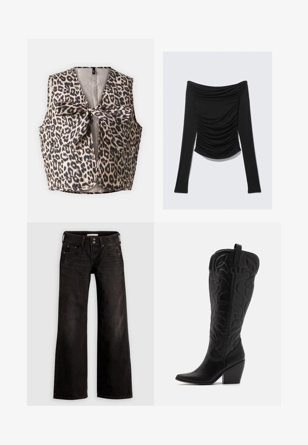 Vest i leopardmønster med sløjfeåbning, lavet af skinnende stof med to forlommer og ærmeløs design.; Sort langærmet off-shoulder top med rynkede detaljer foran og en tætsiddende silhuet mod en ensfarvet baggrund.; Sorte bukser med vide ben og en let falmet finish, med forlommer, lynlås foran og knaplukning. Fremstillet af denimstof.; Sorte knæhøje støvler i læder med spids snude og lagdelt hæl. Har dekorative syninger og buede designelementer.