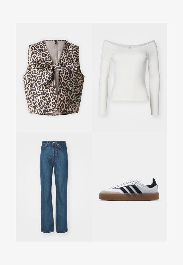 Vesta s leopardím vzorom s uzáverom na motýlik, vyrobená z lesklého materiálu, s dvoma prednými vreckami a bezrukávovým dizajnom.; Biela off-shoulder blúzka s dlhým rukávom vyrobená z rebrového materiálu. Tvarovaný strih s hladkou textúrou a rovnou spodnou líniou.; Modré riflové nohavice s rovnými nohavicami, so zapínaním na gombík, pútkami na opasok a rôznymi detailmi vrecka. Jemná textúra.; Biele kožené tenisky s čiernymi pruhmi, gumová podrážka, okrúhla špička, šnurovanie a mäkký sivý semišový špička.