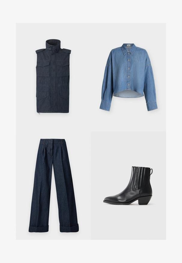 Veste sans manches en denim foncé avec col montant, fermeture éclair à l'avant, épaulettes sur les épaules et quatre poches à rabat à l'avant.; Chemise en denim bleu à manches longues avec boutonnage devant, col pointu et ourlet arrondi, présentée sur un fond blanc uni.; Jean en denim foncé à jambes larges avec plis à l'avant et ourlets retroussés, présenté à plat sur un fond blanc.; Bottine noire en cuir avec panneaux latéraux élastiques, bout pointu et talon bloc. Texture lisse et design épuré mettent en valeur son style moderne.