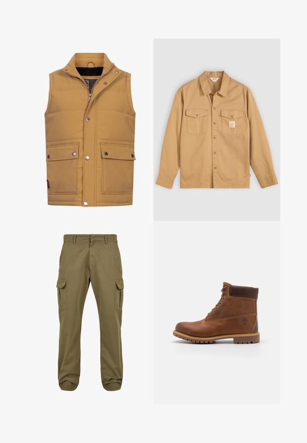 Gilet sans manches couleur tan en tissu matelassé. Il possède des boutons-pression, deux poches avant et une douce doublure en polaire noire au col.; Chemise beige à manches longues, avec deux poches sur la poitrine et une petite étiquette. Fabriquée en coton avec une texture lisse et un design de col classique.; Pantalons cargo verts avec une coupe droite, en coton, dotés de poches latérales et d'une fermeture à bouton pour plus de fonctionnalité. Texture lisse, design décontracté.; Botte de randonnée en cuir marron avec une finition lisse, cheville rembourrée, œillets en métal et semelle en caoutchouc dotée d'un motif de crampons robuste.