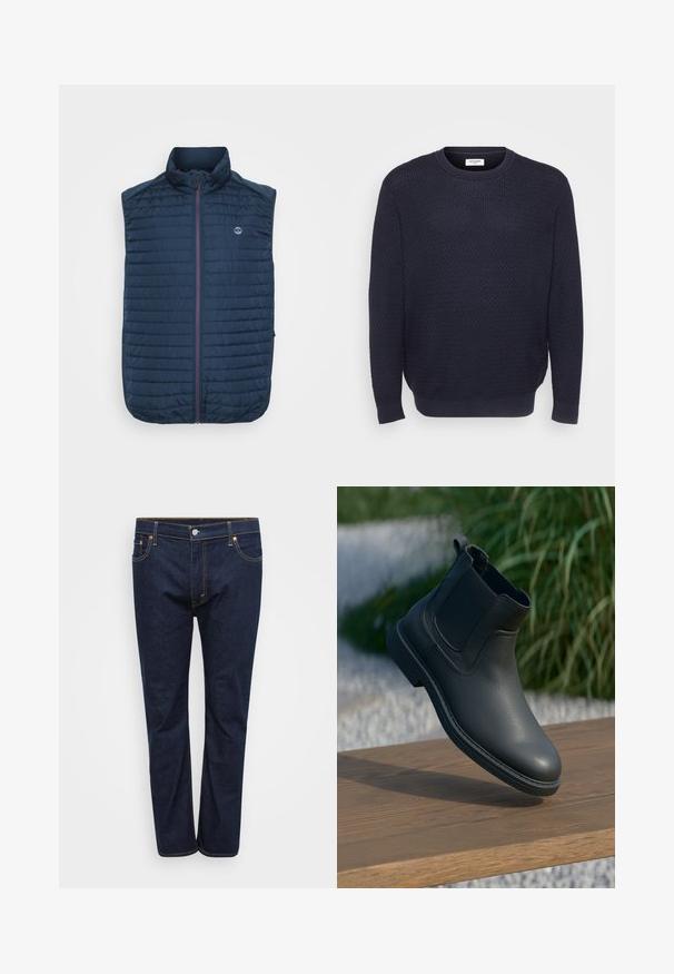 Marineblauwe mouwloze vest met horizontale gewatteerde textuur, hoge kraag, rits aan de voorkant en zijzakken. Heeft een logo op de borst.; Marine gebreide trui met een gestructureerd patroon, ronde halslijn en geribde manchetten en zoom. Gemaakt van zachte, rekbare stof.; Donkerblauwe denim jeans met een rechte pijpdesign, voorzien van zichtbare stiksels in contrasterend geel, vijf zakken en een knoopsluiting aan de voorkant.; Zwarte leren enkellaars met elastische zijkanten, gestructureerde accenten en een rubberen zool; de display heeft een houten oppervlak en groenereien.