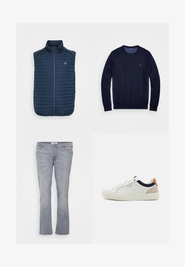 Tumesinine ilma varrukateta vest, millel on horisontaalne tikanditextuur, kõrge kaelus, esikinnitus ja küljetaskud. Rinnal on logo.; Tumesinine kudum sweater, ümar kaelus, pikad varrukad ja väikese tikitud logoga vasakul rinnal. Sile tekstuur.; Heledad hallid lõhiku tüüpi teksad, valmistatud denim materjalist, millel on klassikaline viiepiste taskuga disain, vöökand koos vööaasaga ning õmblustega detailid.; Valge nahast tossud madala disainiga, tumesinine kangas rõhuakk just krael, ning heledat roosa sametist kannaosa. Kumi tallad.