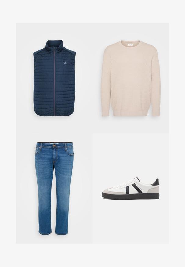 Mørkeblå ærmeløs vest med vandret quiltet tekstur, høj krave, frontlynlås og sidelommer. Har et logo på brystet.; Lys beige sweater med et tekstureret mønster, rund halsudskæring og lange ærmer. Ribbet manchetter og kant for en tætsiddende finish. Blødt materiale.; Blå denim jeans med lige ben, fem lommer og kontraststikning. Har en knaplukning og bæltestropper langs taljen.; Hvide sneakers med sorte og grå detaljer, med en tekstureret grå tåhætte, sort gummisål og flade hvide snørebånd. Rent design, minimalistisk stil.