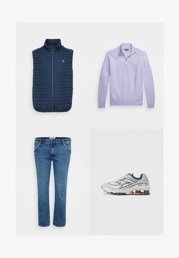 Mørkeblå ærmeløs vest med vandret quiltet tekstur, høj krave, frontlynlås og sidelommer. Har et logo på brystet.; Lys lilla strikket pullover med lynlås i kvart længde, ribbede manchetter og kant; har et lille logo på brystet.; Mænds blå lige ben jeans med for- og baglommer, bæltestropper og knaplukning, præsenteret på en hvid baggrund.; Lyst grå løbesko med sorte detaljer, orange logo, mesh-overdel, polstret krave og gummisål med synlige stødabsorberende enheder.