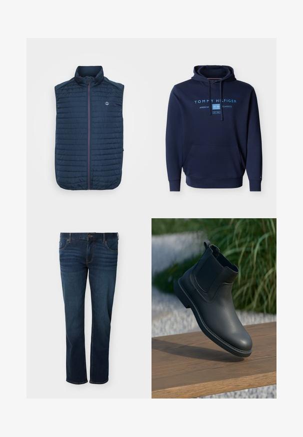 Marineblauwe mouwloze vest met horizontale gewatteerde textuur, hoge kraag, rits aan de voorkant en zijzakken. Heeft een logo op de borst.; Navyblauwe hoodie met voorzak, trekkoorden en lichtblauwe tekst en logo "Tommy Hilfiger American Classics" op de borst.; Donkerblauwe rechte spijkerbroek met vijf zakken, knoopsluiting en zichtbare oranje stiksels.; Zwarte leren enkellaars met elastische zijkanten, gestructureerde accenten en een rubberen zool; de display heeft een houten oppervlak en groenereien.