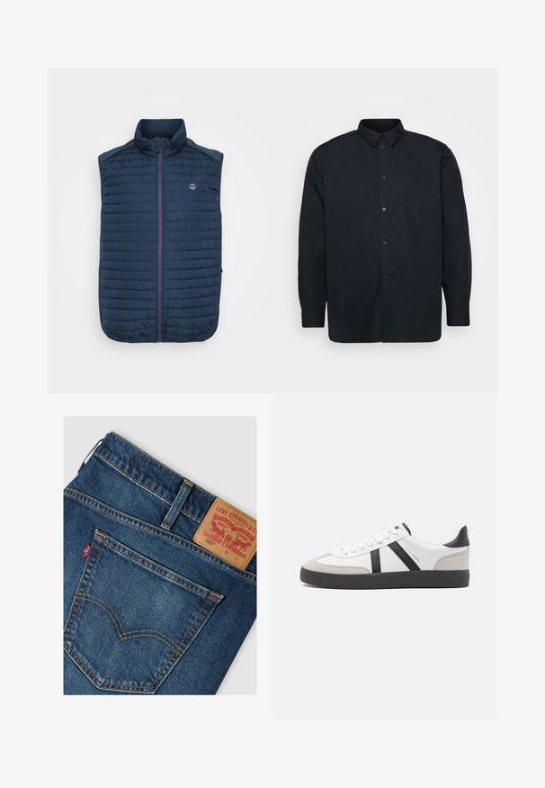 Marineblauwe mouwloze vest met horizontale gewatteerde textuur, hoge kraag, rits aan de voorkant en zijzakken. Heeft een logo op de borst.; Zwarte button-up shirt gemaakt van katoen, met een klassieke kraag, long sleeves en zeven knopen aan de voorkant. Soepele textuur, geen opvallende patronen.; Achterzak en tailleband van blauwe Levi's 502 jeans met leren merkembleem en rood Levi's stoffen label.; Witte sneaker met zwarte en grijze accenten, voorzien van een grijze neus met textuur, zwarte rubberen zool en platte witte veters. Schoon ontwerp, minimalistische stijl.