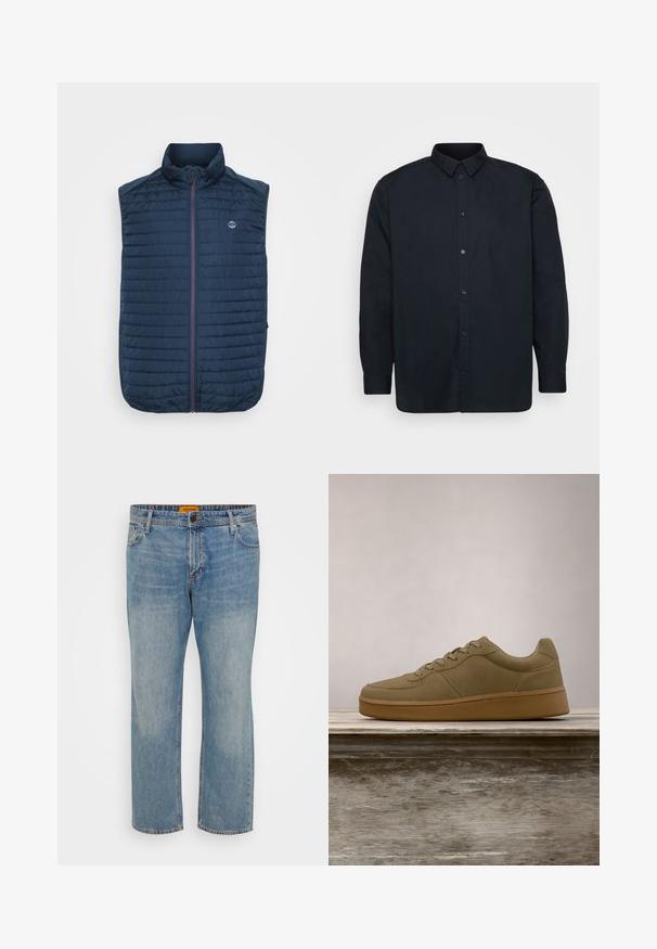 Gilet sans manches bleu marine avec texture matelassée horizontale, col montant, fermeture éclair sur le devant et poches latérales. Présente un logo sur la poitrine.; Chemise noire à manches longues en coton, dotée d'un col classique et de sept boutons à l'avant. Texture lisse, sans motifs notables.; Jean en denim bleu clair avec une coupe droite, comportant cinq poches, une fermeture à bouton et une étiquette de marque orange sur la ceinture.; Baskets vert olive à lacets flottant au-dessus d'un banc en bois, avec un feuillage vert flou en arrière-plan.