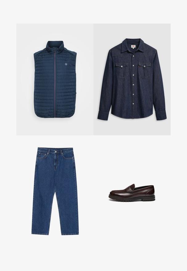 Chaleco sin mangas azul marino con textura acolchada horizontal, cuello alto, cremallera frontal y bolsillos laterales. Presenta un logotipo en el pecho.; Camisa de mezclilla azul oscuro con cuello puntiagudo, botones a presión y bolsillos en el pecho. Cuenta con detalles de costura y mangas largas.; Jeans de denim en azul oscuro, con un corte recto, bolsillos frontales y una bragueta de botones con costuras en contraste en toda la prenda.; Mocasines de cuero marrón con un acento de ante, punta redonda y suela de goma texturizada. Presentan detalles de costura y un ligero tacón.