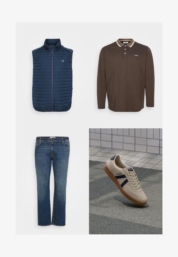 Marineblauwe mouwloze vest met horizontale gewatteerde textuur, hoge kraag, rits aan de voorkant en zijzakken. Heeft een logo op de borst.; Polo shirt met lange mouwen in donkerbruin met een contrasterende beige kraag, drie knoopsluitingen en een klein logo op de linkerborst. Zachte textuur.; Donkerblauwe spijkerbroek met een rechte pijp, voorzien van vijf zakken, een knoopsluiting en subtiele vervaging voor textuur.; Beige sneaker met een textuurafwerking, marineblauwe strepen en een rubberen zool. Heeft een gevoerde tong en een traditioneel vetersysteem voor een veilige pasvorm.